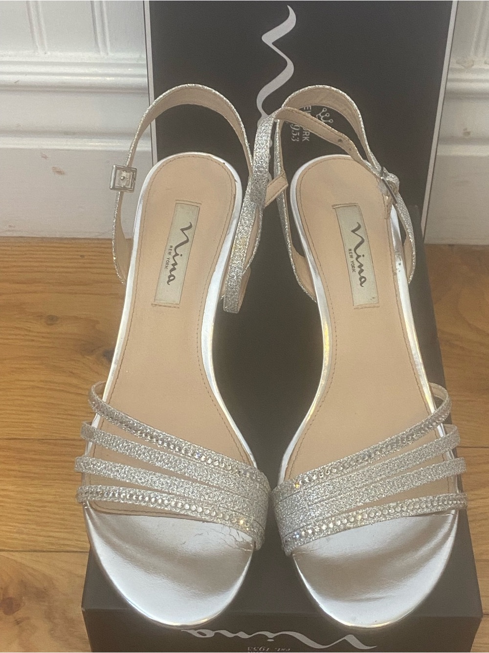 Nina Silver Sparkle Strappy Slingback Heels